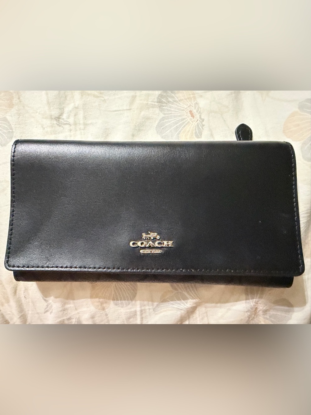 Coach Black Leather Continental Wallet with Gold Logo